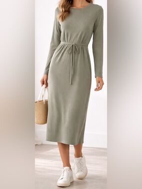 Veiled Tie Waist Midi Dress Sage Green Long Sleeve Stretch Size S